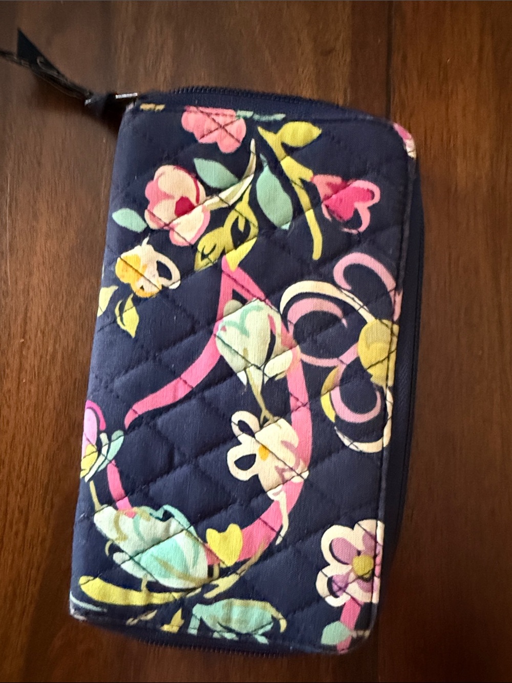 Vera Bradley Quilted Floral Zip Wallet in Navy with Pink & Yellow Accents
